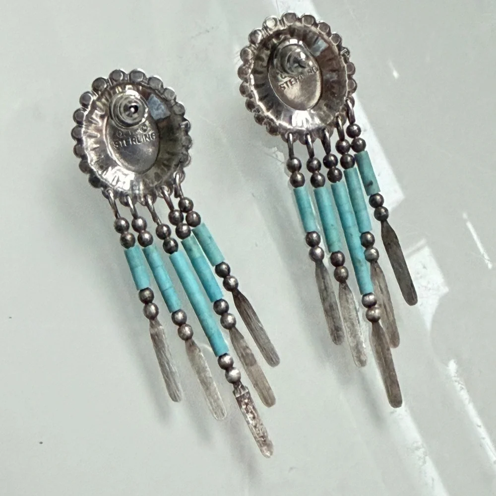 Vtg Signed Q.T Quoc Southwest Style Sterling925 &Turquoise Dangle Earrings 2.25” - Picture 4 of 7
